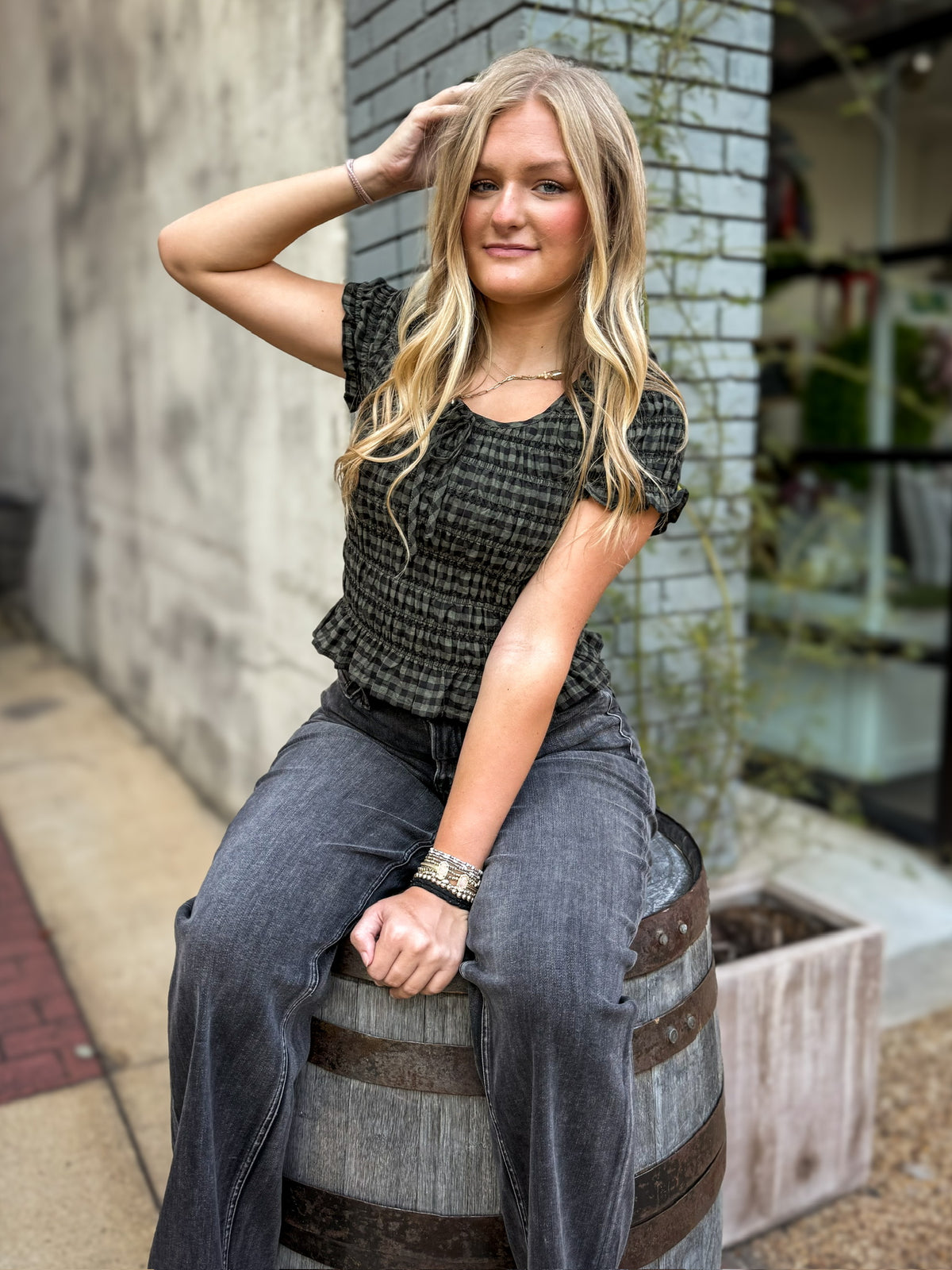 Dark Olive Plaid Smocked Top