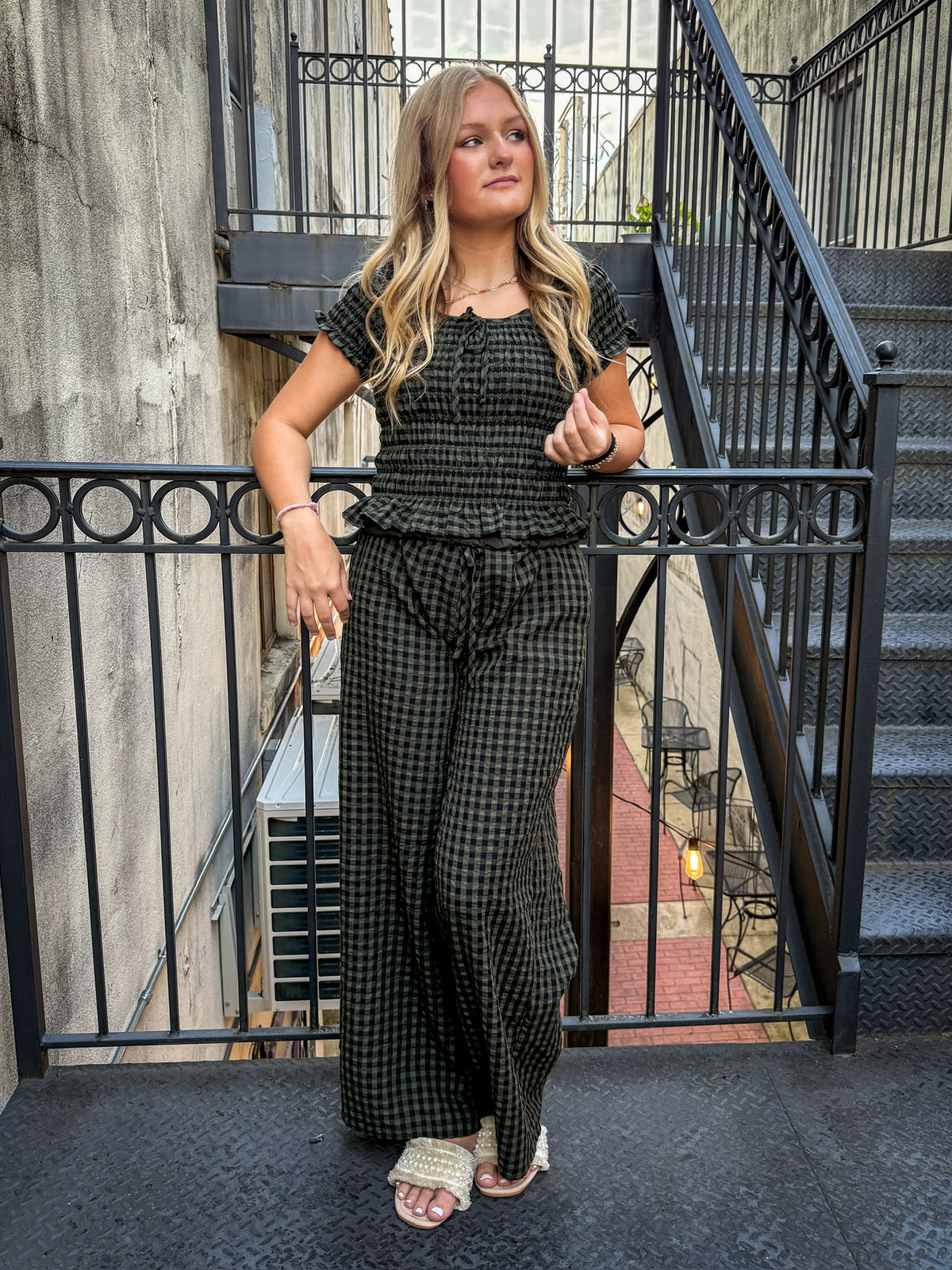 Dark Olive Plaid Smocked Top